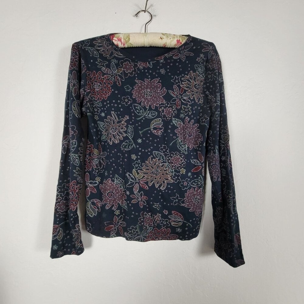 Fresh Produce Womens Navy Floral Print Long Sleeve Cotton Knit Top Shirt Medium